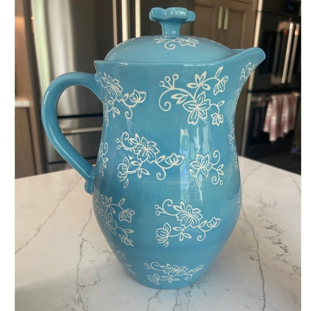 Temp-tations Floral Lace 5pc Ceramic 2qt Pitcher and 16oz Tumbler Set Sky Blue